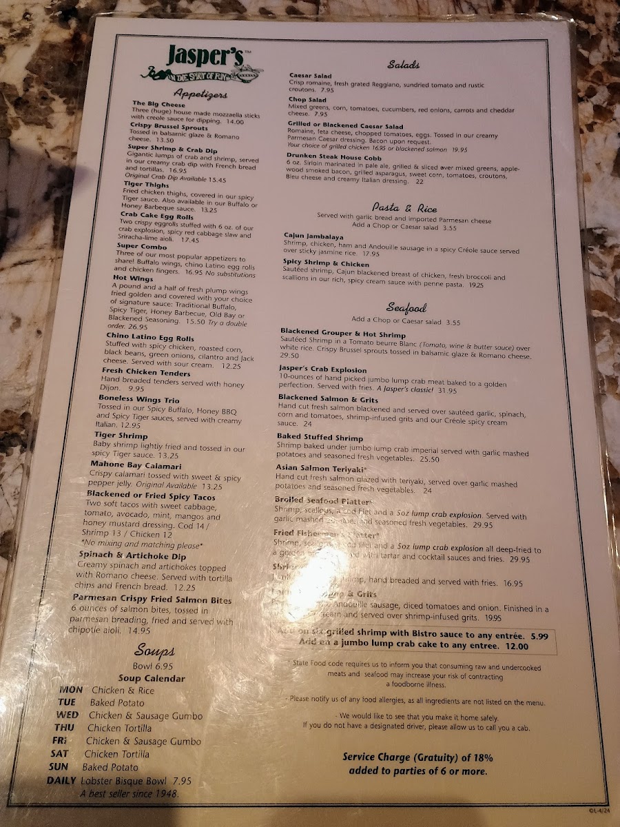 Jasper's Restaurant Menu - Image 1